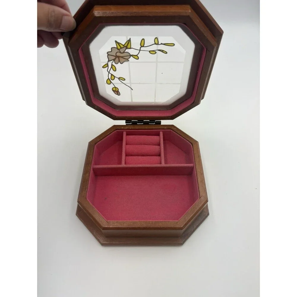Vintage Wooden Mele Jewelry Box Floral Stained Glass Style Pink Felt 6.25